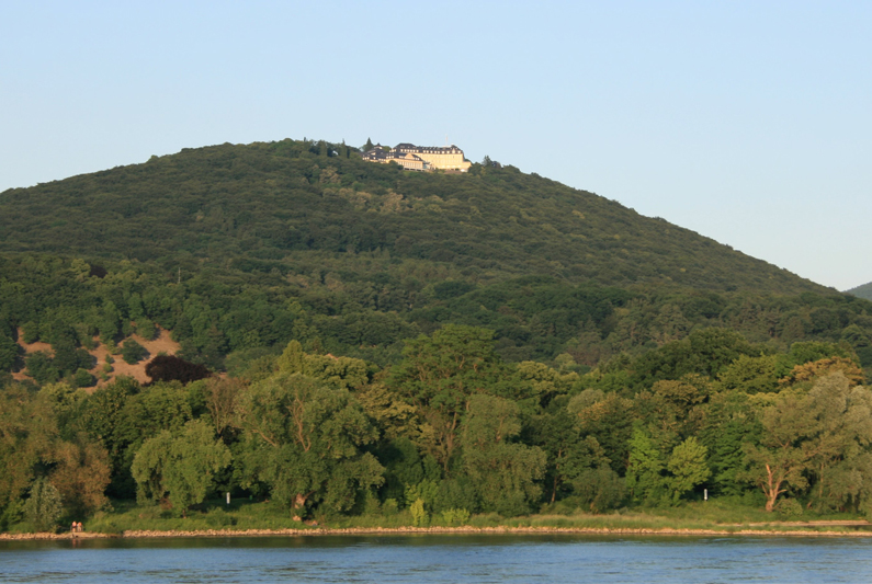 The Petersberg Hotel on top of the the densely wooded mountain St. Petersberg, under a blue sky.