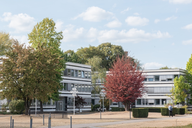 Außenansicht der Atriumbauten am Bonner Tulpenfeld bei blauem Himmel, längliche Flachbauten mit langen Fensterreihen und Jalousien, umgeben von Bäumen. 