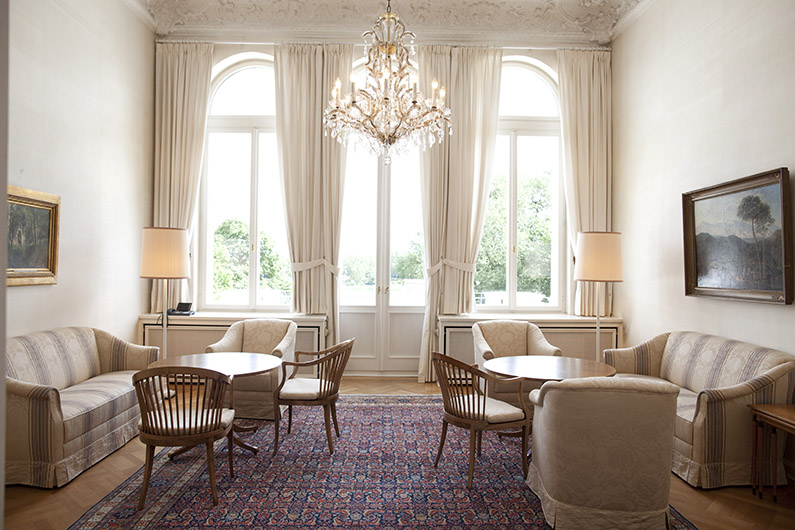 bright, stylish room with a large oriental carpet, French-style seating from the 19th century on it and a chandelier hanging from the ceiling